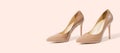 Closeup beige women patent leather shoes isolated on pink background. Stilettos shoe type. Summer fashion and shopping concept. Royalty Free Stock Photo