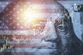 Closeup Benjamin Franklin face on USD banknote with USA flag and stock market chart graph for currency exchange and global trade Royalty Free Stock Photo