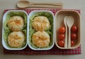 Closeup of a bento box with cabbage rolls and cherry tomatoes Royalty Free Stock Photo