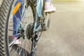 Closeup of a bicycle gears mechanism and chain on the rear wheel of mountain bike. Royalty Free Stock Photo