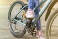 Closeup of a bicycle gears mechanism and chain on the rear wheel of mountain bike Royalty Free Stock Photo