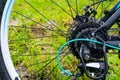 Closeup of a bicycle gears mechanism and chain on the rear wheel of mountain bike. Royalty Free Stock Photo