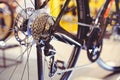 Closeup of a bicycle gears mechanism and chain on the rear wheel of mountain bike. Rear wheel cassette from a mountain bike. Close Royalty Free Stock Photo