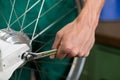 Closeup of bicycle mechanic with a wrench