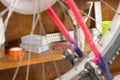 Closeup of bicycle tools over workshop table Royalty Free Stock Photo