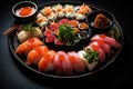 closeup big assorted set of tasty appetizing sushi and roll on plate on black background