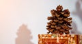 Closeup big cone on holiday Christmas box table Royalty Free Stock Photo