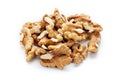 Closeup of big shelled walnuts pile on white background. Nuts are a source of vegetable protein Royalty Free Stock Photo