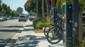 Closeup of a bikesharing station providing a sustainable transportation option for residents and reducing air pollution Royalty Free Stock Photo