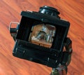 A birdeye view of twin-lens reflex antique vintage camera viewfinder Royalty Free Stock Photo