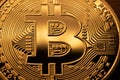 Closeup Bitcoin coin, golden physical cryptocurrency coin. Blockchain and crypto concept. Digital Money and Cash