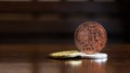 closeup bitcoin crytocurrency on table, invetment concept, selective focus.