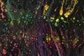 Closeup of a black acrylic swipe painting with numerous brightly colored cells. Royalty Free Stock Photo