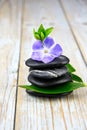 Closeup of black balancing rocks with a purple flower on a wooden surface Royalty Free Stock Photo
