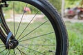 Closeup black Bicycle tire. bike wheel fragment Royalty Free Stock Photo