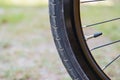 Closeup black Bicycle tire. bike wheel fragment Royalty Free Stock Photo