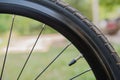 Closeup black Bicycle tire. bike wheel fragment Royalty Free Stock Photo