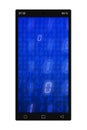 Closeup of a black cellphone with binary code on blue