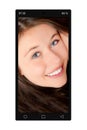 Closeup of a black cellphone with a portrait photo of a happy young woman