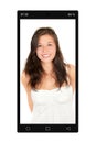 Closeup of a black cellphone with a portrait photo of a laughing young woman