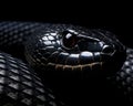 closeup of a black cobra snake looking to the side on a dark background.