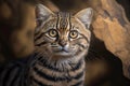 Closeup of a black-footed cat portrait at the zoo. Wild animal with adorable cute kitten face. Safari nature wildlife.