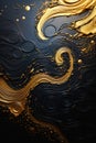 Closeup of black gold paint fluid simulation with swirly liquid