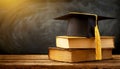 Graduation Hat Above a Stack of Books on a Wooden Desk - Generative Ai Royalty Free Stock Photo