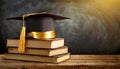 Graduation Hat Above a Stack of Books on a Wooden Desk - Generative Ai Royalty Free Stock Photo