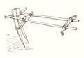 Pencil drawing. Vintage wooden plow Royalty Free Stock Photo