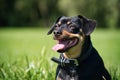 Closeup of black Lancashire Heeler looking around with the tongue out