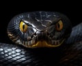 closeup of a black mamba snake on a dark background.