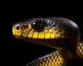 closeup of a black mamba snake on a dark background.