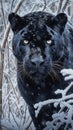 Closeup of a Black Panther in the Snow Near Trees