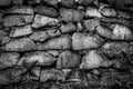 Closeup of black and white rock stone wall outdoors. Old vintage grunge texture structure. Royalty Free Stock Photo