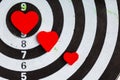 Closeup black white target with hearts bullseye as love background Royalty Free Stock Photo