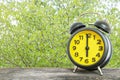 Closeup black and yellow alarm clock for decorate in 6 o`clock on old brown wood desk on green leaves in the park textured backgr Royalty Free Stock Photo