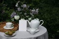 Closeup of blank greeting card, birthday wedding invitation mockup. Tea party in green garden. Teapot, milk pitcher Royalty Free Stock Photo