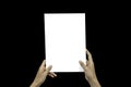Closeup Blank White Paper Sheet Mockup Holding Female Hands Abstract Black Background.