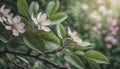 Closeup blooming tree branch, spring floral blossom