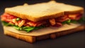 Closeup of blt sandwich made with bacon, lettuce and tomato on toasted whole grain bread on a wooden cutting board Royalty Free Stock Photo