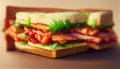 Closeup of blt sandwich made with bacon, lettuce and tomato on toasted whole grain bread on a wooden cutting board Royalty Free Stock Photo