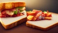 Closeup of blt sandwich made with bacon, lettuce and tomato on toasted whole grain bread on a wooden cutting board Royalty Free Stock Photo