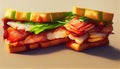 Closeup of blt sandwich made with bacon, lettuce and tomato on toasted whole grain bread on a wooden cutting board Royalty Free Stock Photo