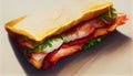 Closeup of blt sandwich made with bacon, lettuce and tomato on toasted whole grain bread on a wooden cutting board Royalty Free Stock Photo