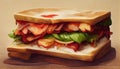 Closeup of blt sandwich made with bacon, lettuce and tomato on toasted whole grain bread on a wooden cutting board Royalty Free Stock Photo