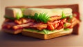 Closeup of blt sandwich made with bacon, lettuce and tomato on toasted whole grain bread on a wooden cutting board Royalty Free Stock Photo