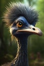 Closeup of a blue bird with a long beak and wild hairstyle