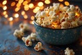 closeup of a blue bowl with delicious popcorn on bokeh blurred background Royalty Free Stock Photo