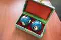 Closeup of blue Chinese Baoding balls in box Royalty Free Stock Photo